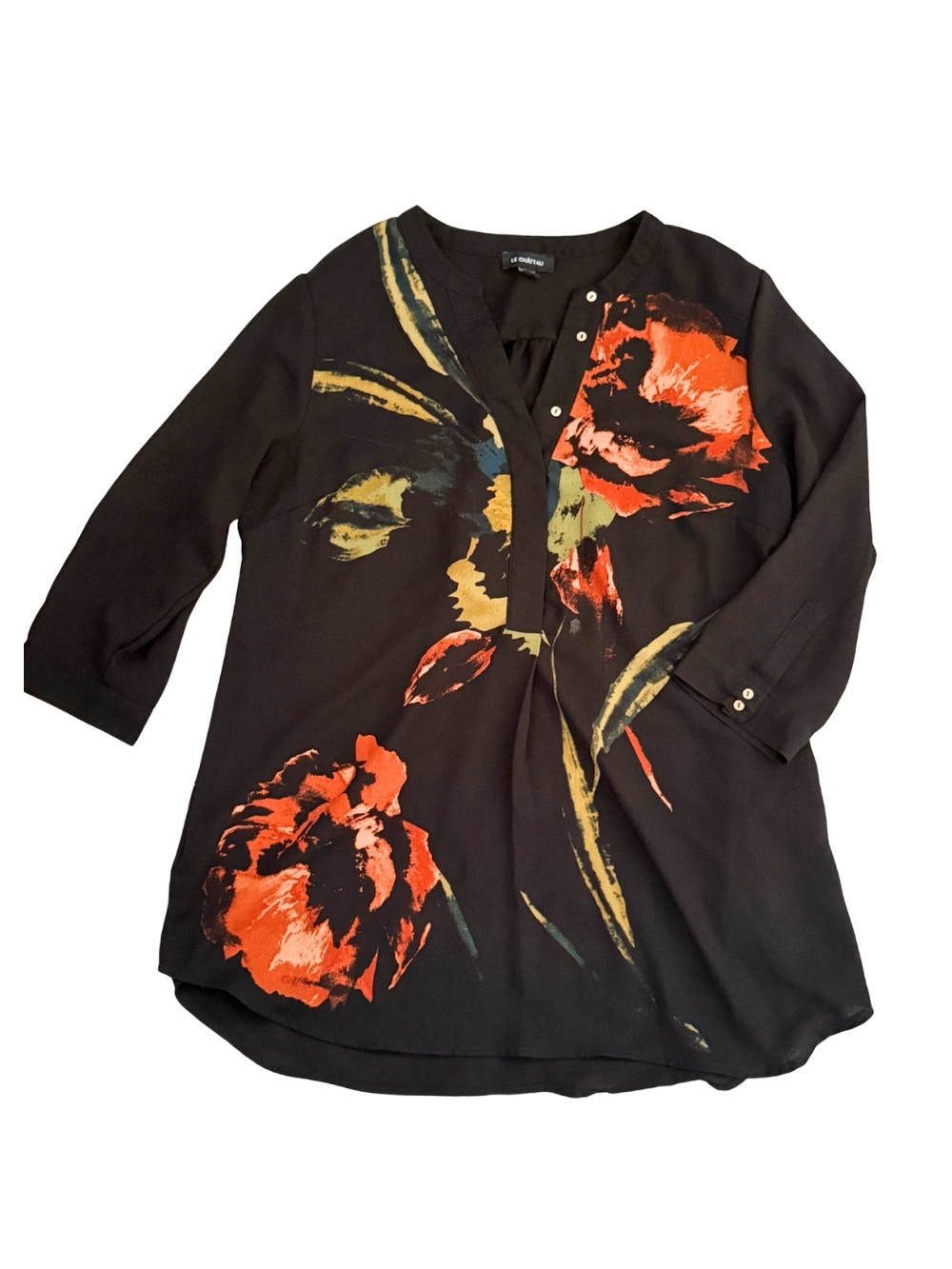 Le Château Black Floral Tunic Blouse 3/4 Sleeve Size L